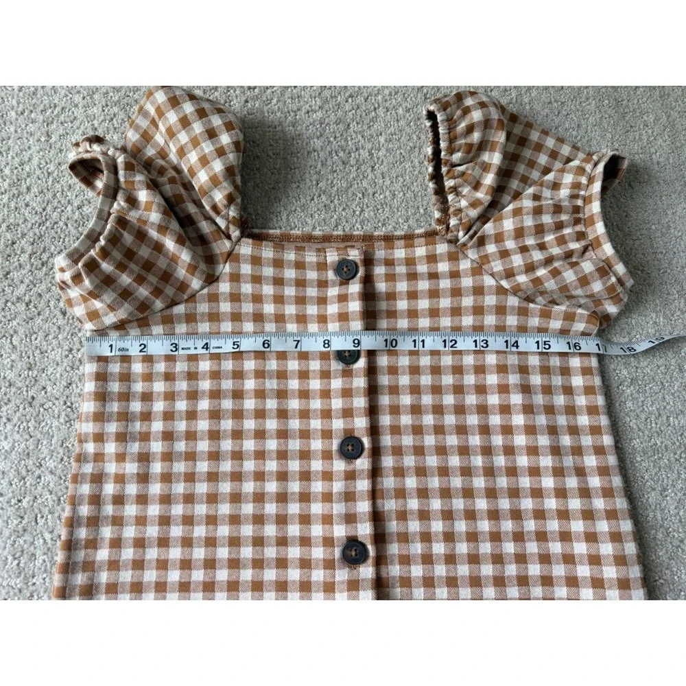 Madewell Top Womens S Brown White Cottage Chic Gingham Plaid Puff Sleeve Shirt